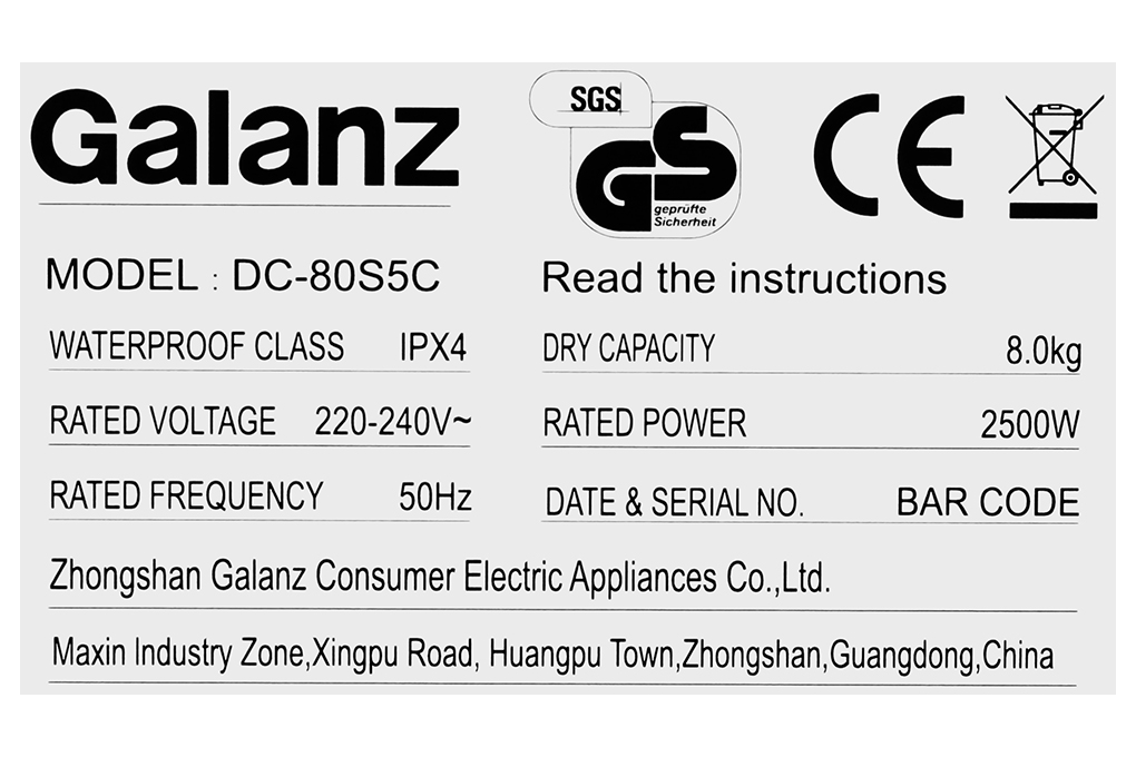 Máy sấy ngưng tụ Galanz 8 kg DC-80S5C Màu Trắng
