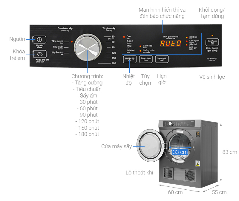 Máy sấy thông hơi Aqua 8 kg AQH-V800H SS