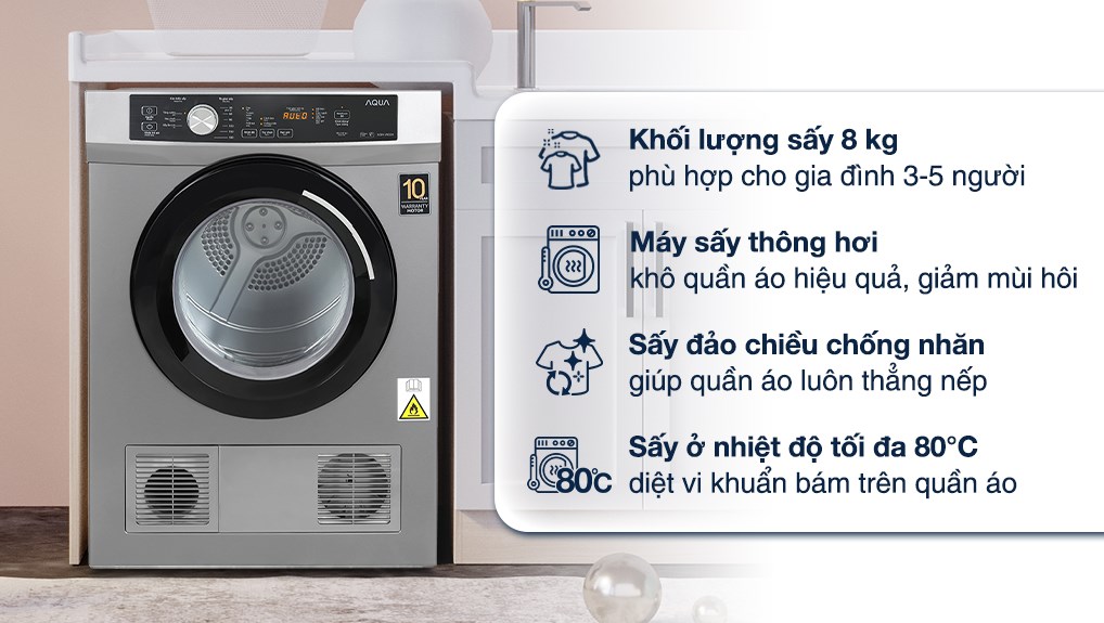 Máy sấy thông hơi Aqua 8 kg AQH-V800H SS