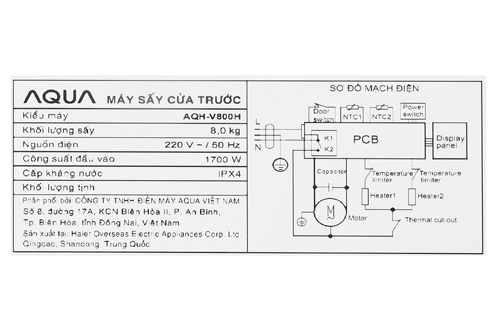 Máy sấy thông hơi Aqua 8 kg AQH-V800H SS Màu Xám