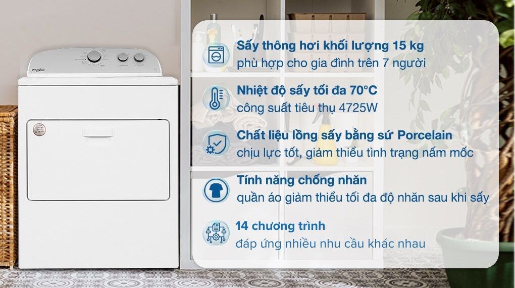 Máy sấy thông hơi Whirlpool 15 kg 3LWED4815FW0