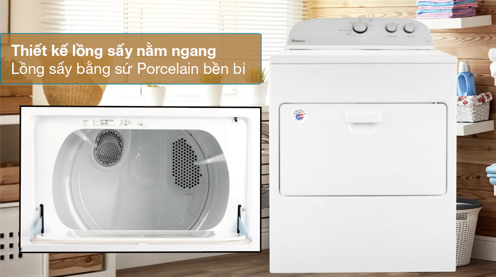 Máy sấy thông hơi Whirlpool 15 kg 3LWED4815FW0 - Kiểu máy sấy lồng giặt, chất liệu lồng sấy bằng sứ bền bỉ