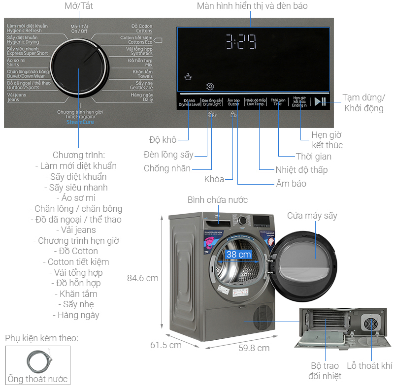Máy sấy bơm nhiệt Beko 9 kg B3T4329M