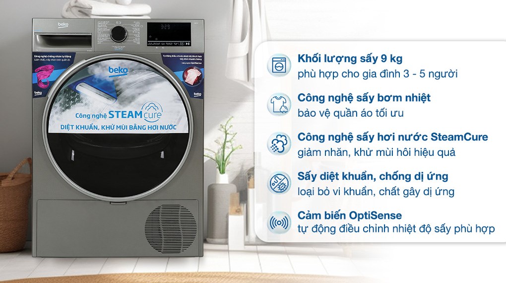 Máy sấy bơm nhiệt Beko 9 kg B3T4329M