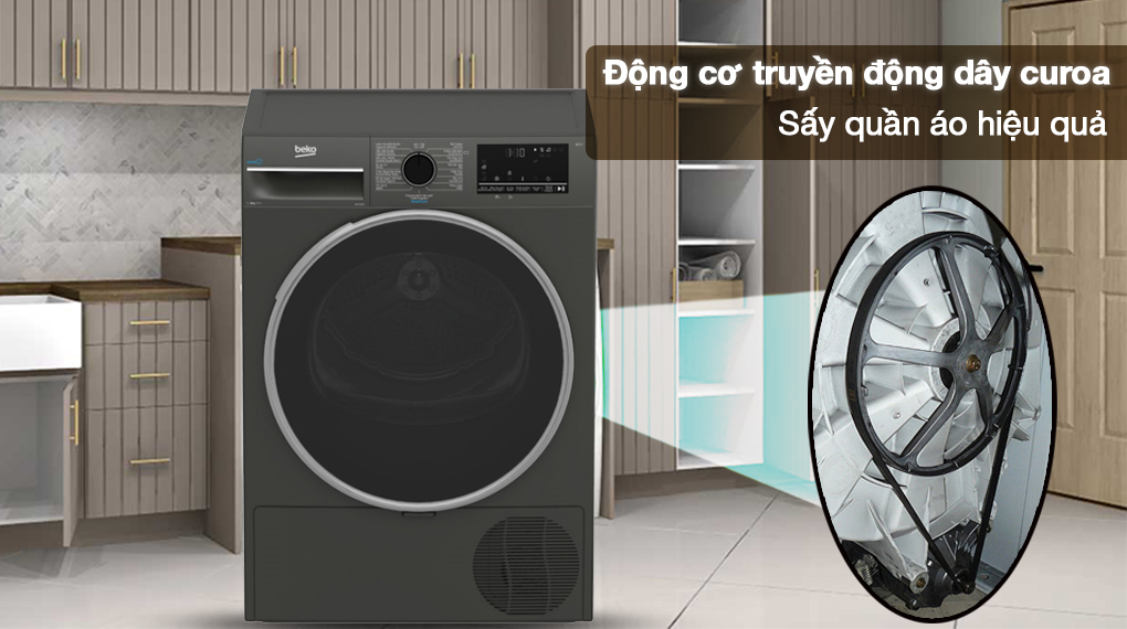 Máy sấy bơm nhiệt Beko 9 kg B3T4329M - Sử dụng động cơ dây truyền curoa