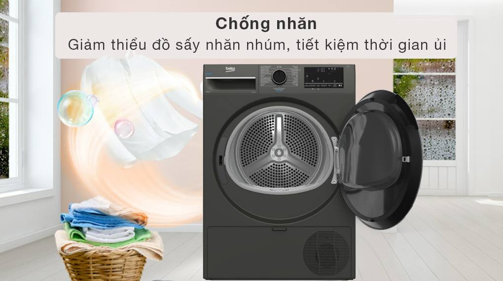 Máy sấy bơm nhiệt Beko 9 kg B3T4329M - Chống nhăn giảm thiểu tình trạng nhăn nhúm và tiết kiệm thời gian ủi đồ sau khi sấy