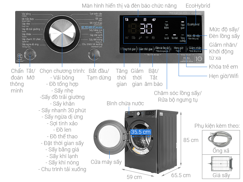 Máy sấy bơm nhiệt LG Inverter 10.5 kg DVHP50B