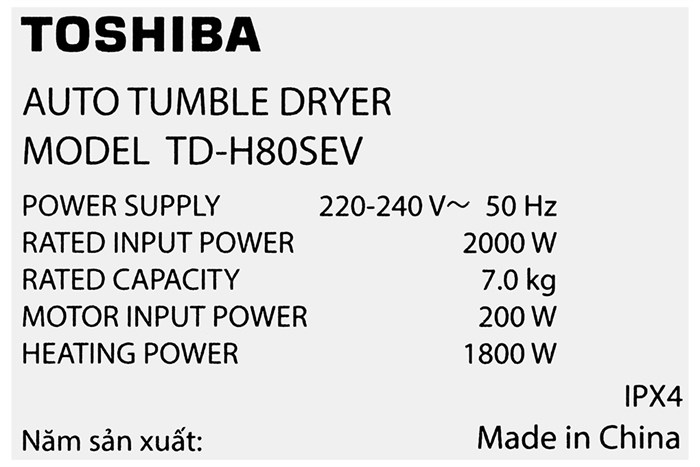 Máy sấy thông hơi 7 kg Toshiba TD-H80SEV(SK) Màu Xám