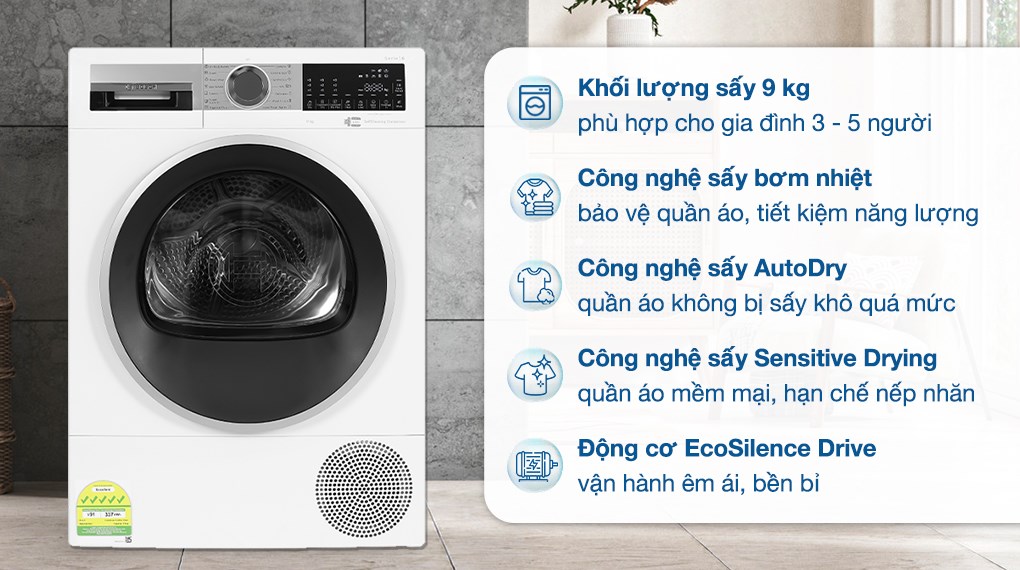 Máy sấy bơm nhiệt Bosch 9 kg WQG24570SG