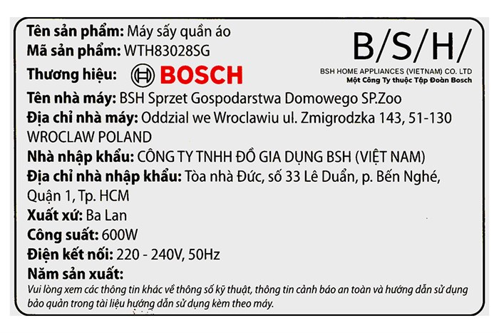 Máy sấy bơm nhiệt Bosch 8 kg WTH83028SG Màu Trắng
