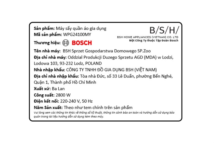 Máy sấy ngưng tụ Bosch 9 kg WPG24100MY Màu Trắng