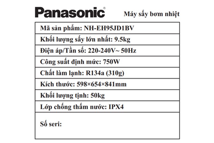 Máy sấy bơm nhiệt Panasonic 9.5 kg NH-EH95JD1BV Màu Đen - Xám