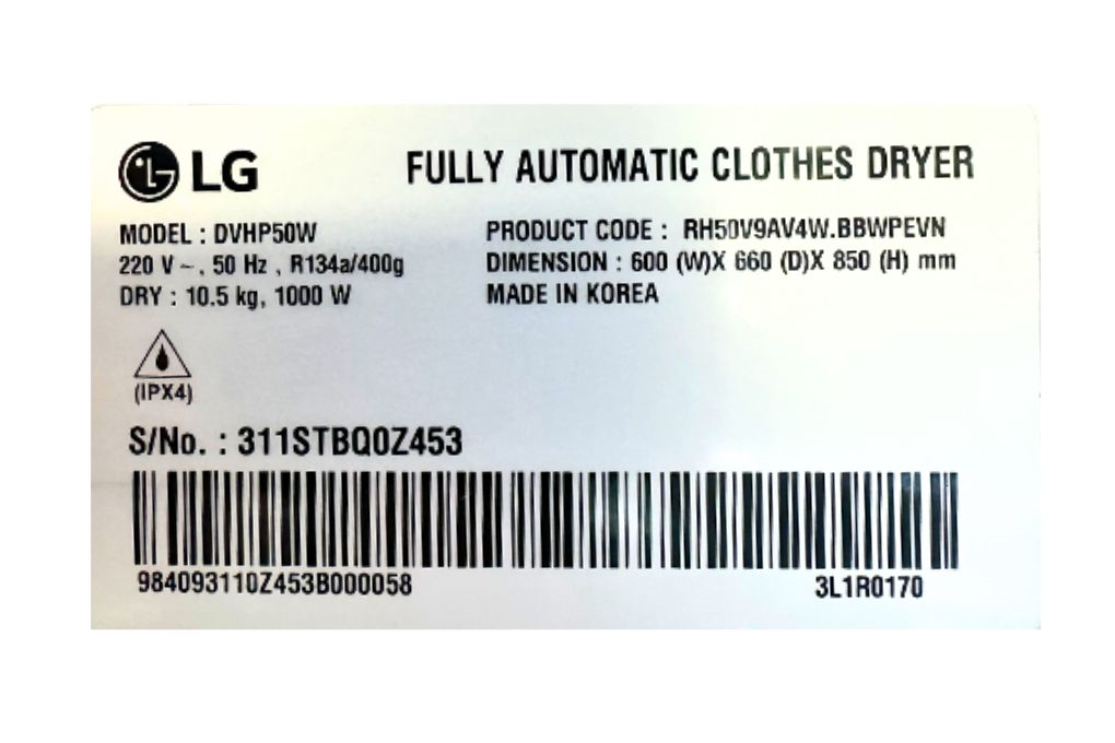 Máy sấy bơm nhiệt LG 10.5 kg DVHP50W Màu Trắng