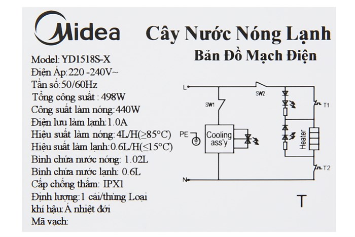 Cây nước nóng lạnh Midea YD1518S-X 498W Màu Trắng - Đen