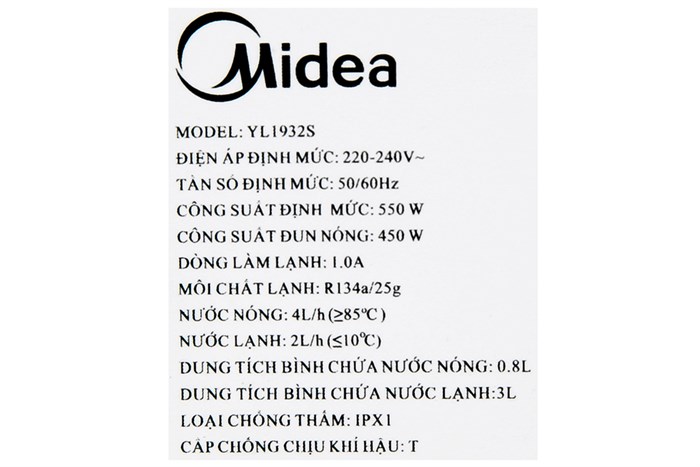 Cây nước nóng lạnh Midea YL1932S 550W Màu Trắng