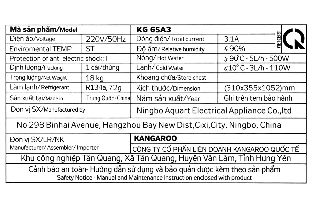Cây nước nóng lạnh Kangaroo KG65A3 720W Màu Trắng