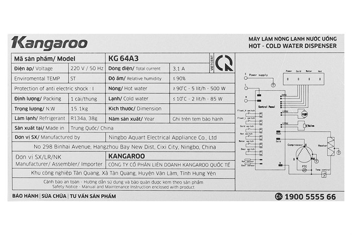 Cây nước nóng lạnh Kangaroo KG64A3 585W Màu Đen