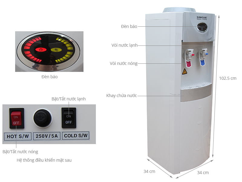 Thông số kỹ thuật Cây nước nóng lạnh Sunhouse SHD 9696