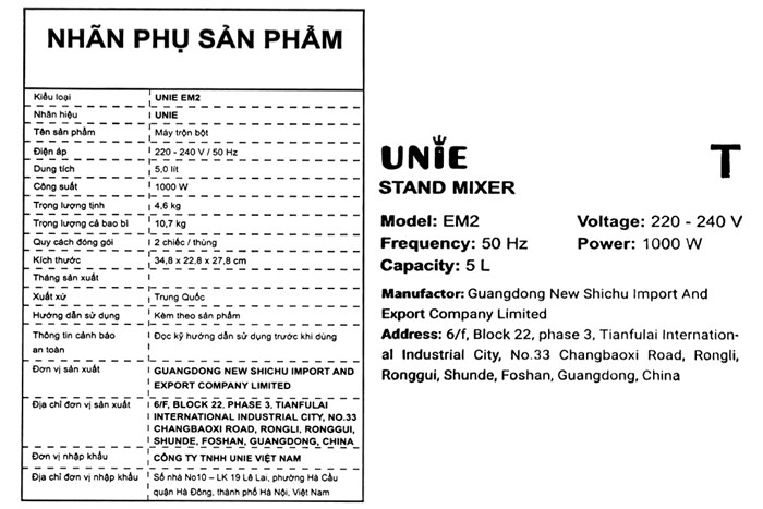 Máy nhồi bột đánh trứng Unie EM2 Màu Bạc Inox