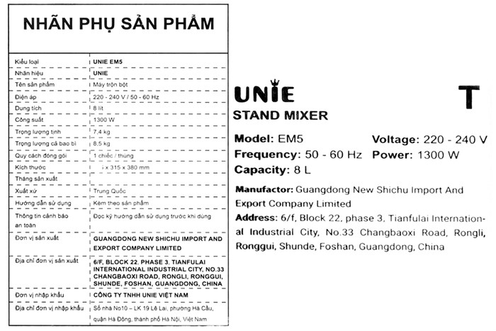 Máy nhồi bột đánh trứng Unie EM5 Màu Bạc
