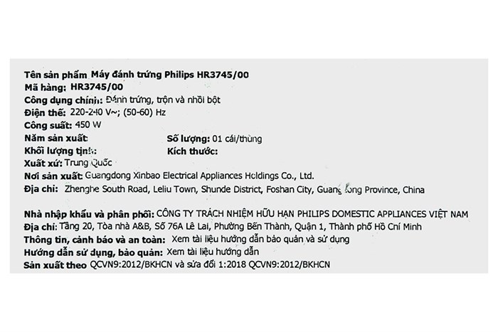 Máy nhồi bột đánh trứng Philips HR3745/00 Màu Trắng