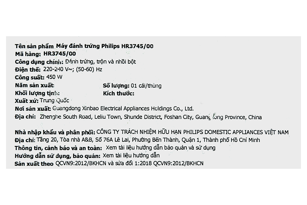 Máy nhồi bột đánh trứng Philips HR3745/00 Màu Trắng