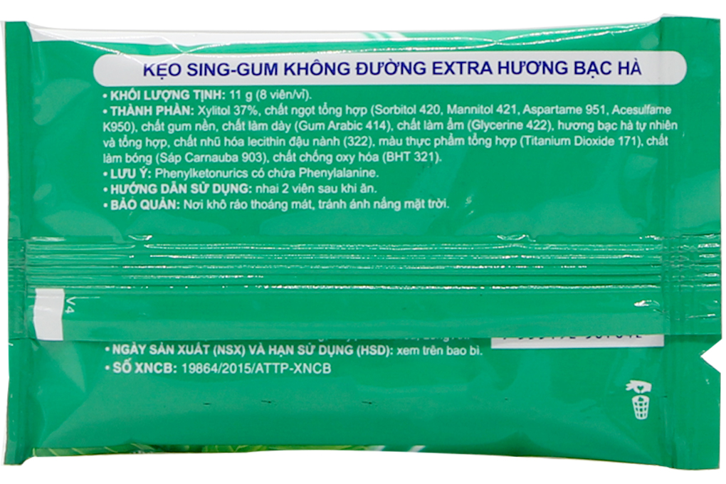 Kẹo sing-gum không đường Extra Xylitol Bạc hà gói 11.2g