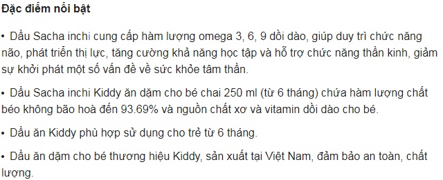 Đặc điểm nổi bật dầu Sacha inchi Kiddy ăn dặm cho bé chai 250 ml (từ 6 tháng)