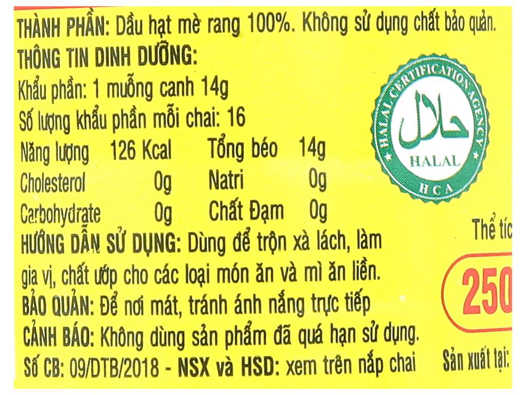 Dầu mè thơm nguyên chất Nakydaco chai 250ml 5