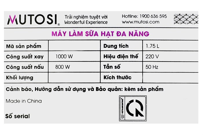 Máy làm sữa hạt đa năng Mutosi MM-S613 Màu Đen