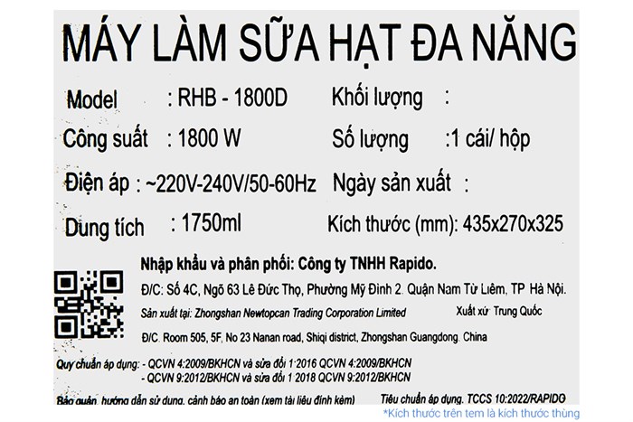 Máy làm sữa hạt đa năng Rapido RHB-1800D Màu Đen