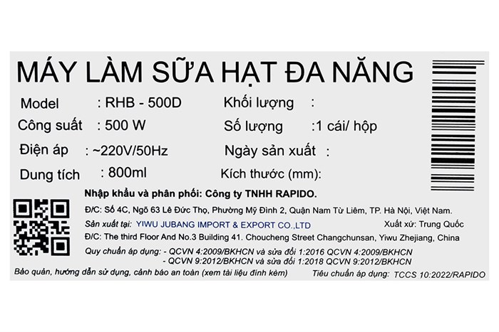 Máy làm sữa hạt Rapido RHB-500D Màu Trắng