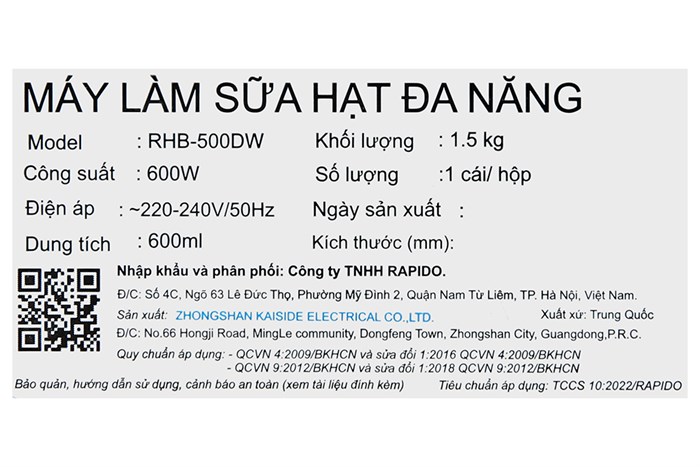 Máy làm sữa hạt đa năng Rapido RHB-500DW trắng Màu Trắng