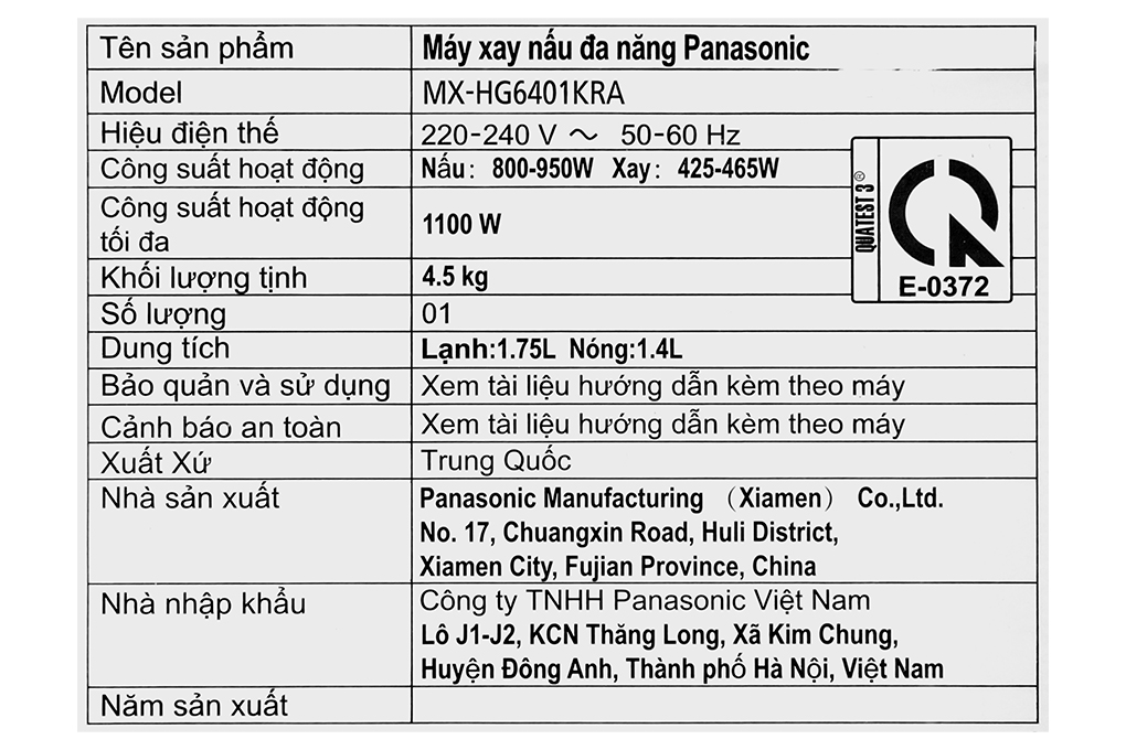 Máy làm sữa hạt đa năng Panasonic MX-HG6401KRA Màu Đen