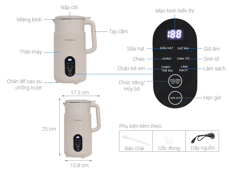 Máy làm sữa hạt đa năng Rapido RHB-500DW xám