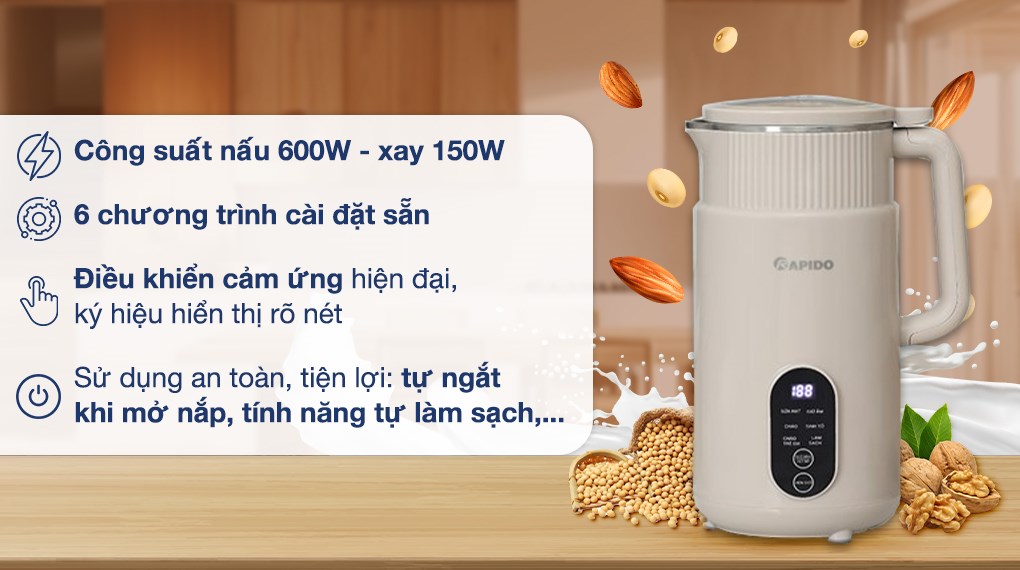Máy làm sữa hạt đa năng Rapido RHB-500DW xám