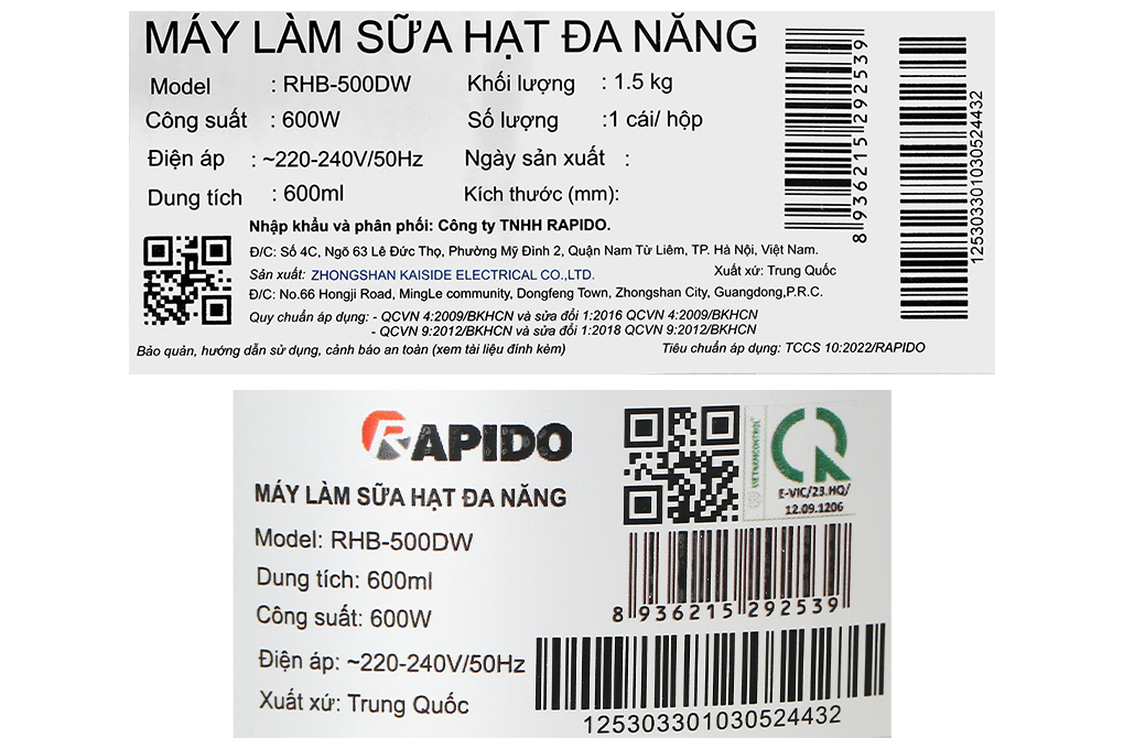 Máy làm sữa hạt đa năng Rapido RHB-500DW xám Màu Xám