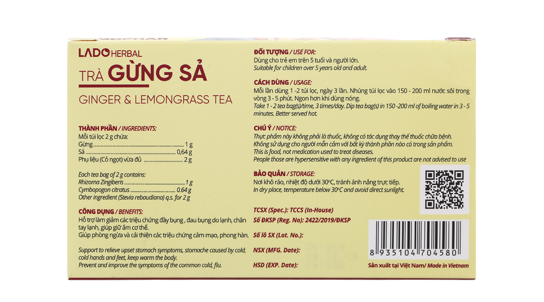 Trà gừng sả Lado Herbal ngừa cảm lạnh, giữ ấm cơ thể