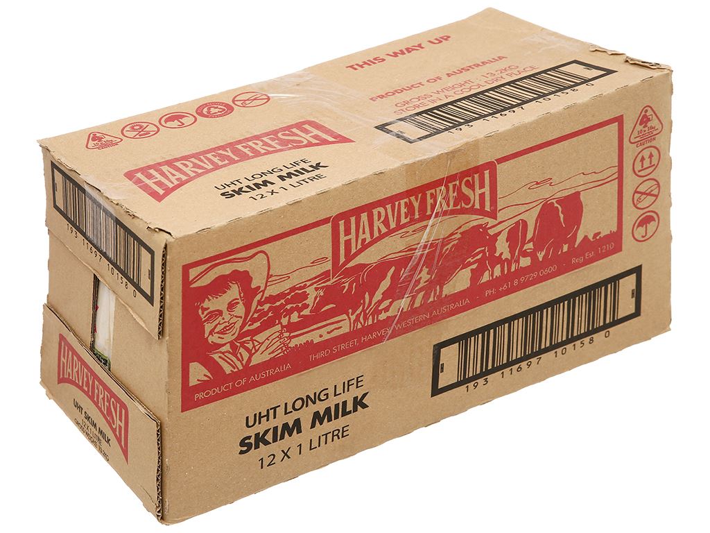 Thùng 12 hộp sữa tươi tiệt trùng tách béo Harvey Fresh Skim Milk 1 lít 1