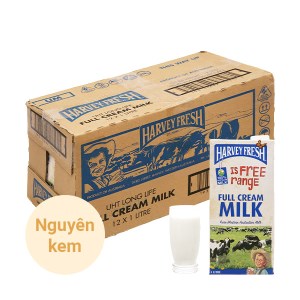Thùng 12 hộp sữa tươi nguyên kem không đường Harvey Fresh 1 lít