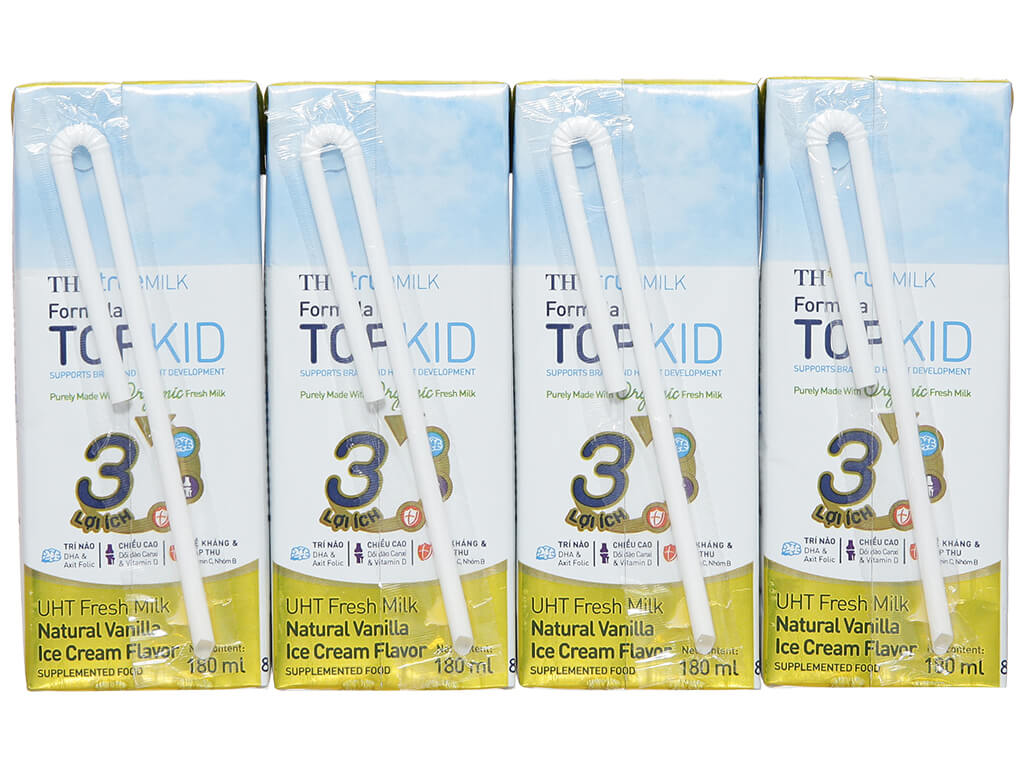 Lốc 4 hộp sữa tươi kem vanilla tự nhiên TH true MILK Top Kid Organic 180ml 4