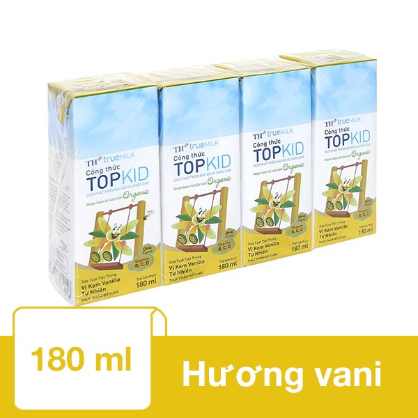 Lốc 4 Hộp Sữa Tươi Tiệt Trùng Th True Milk Topkid Organic Có Đường Hương Kem Vanilla Tự Nhiên 180 Ml (Từ 1 Tuổi)