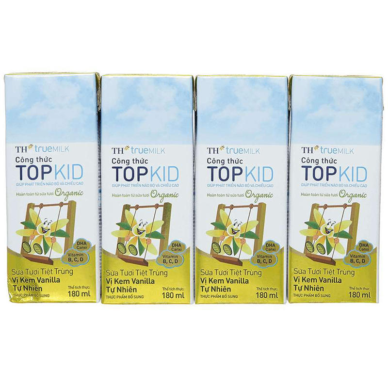 Lốc 4 hộp sữa tươi tiệt trùng TH true MILK Top Kid Organic có đường hương kem vanilla tự nhiên 180 ml (từ 1 tuổi)