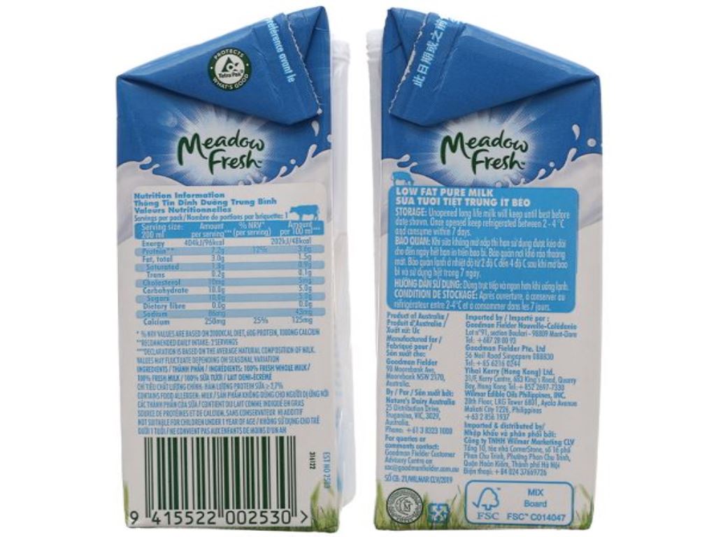 Lốc 3 hộp sữa tươi tiệt trùng ít béo Meadow Fresh 200ml 6
