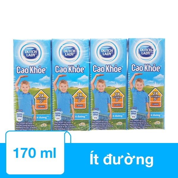 Lốc 4 hộp sữa tiệt trùng Dutch Lady ít đường 170 ml (từ 1 tuổi) - AVAKids.com