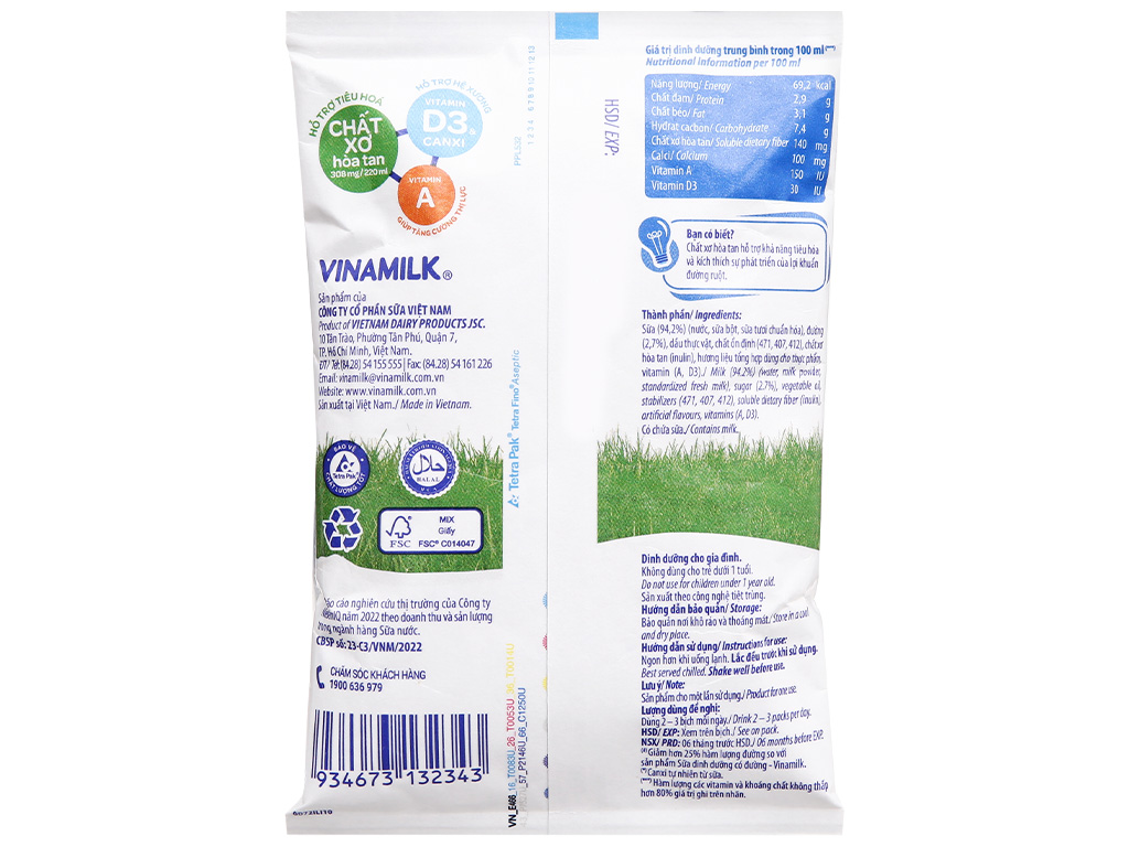 Sữa dinh dưỡng ít đường Vinamilk A&D3 bịch 220ml 7