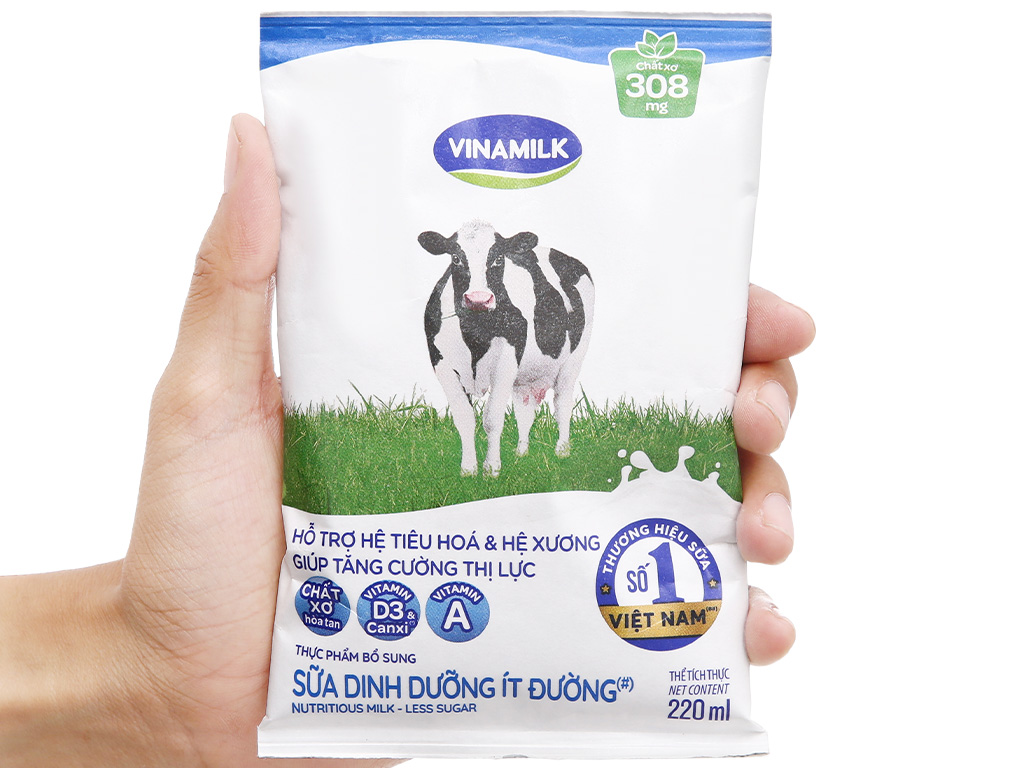 Sữa dinh dưỡng ít đường Vinamilk A&D3 bịch 220ml 10
