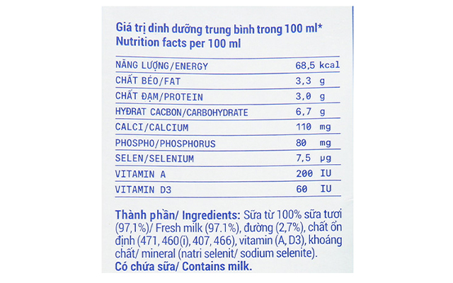 Thành phần - Thùng 12 hộp sữa tươi tiệt trùng Vinamilk ít đường 1 lít (từ 1 tuổi) Thành phần - Thùng 12 hộp sữa tươi tiệt trùng Vinamilk ít đường 1 lít (từ 1 tuổi)