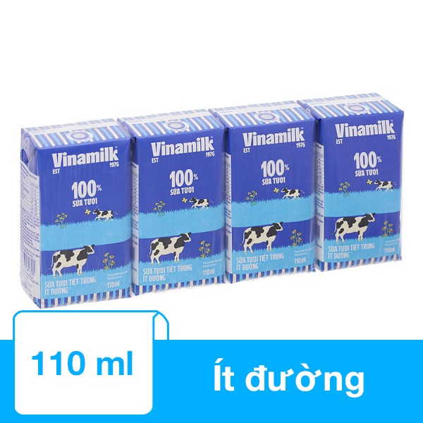 Lốc 4 Hộp Sữa Tươi Tiệt Trùng Vinamilk Ít Đường 110 Ml (Từ 1 Tuổi)