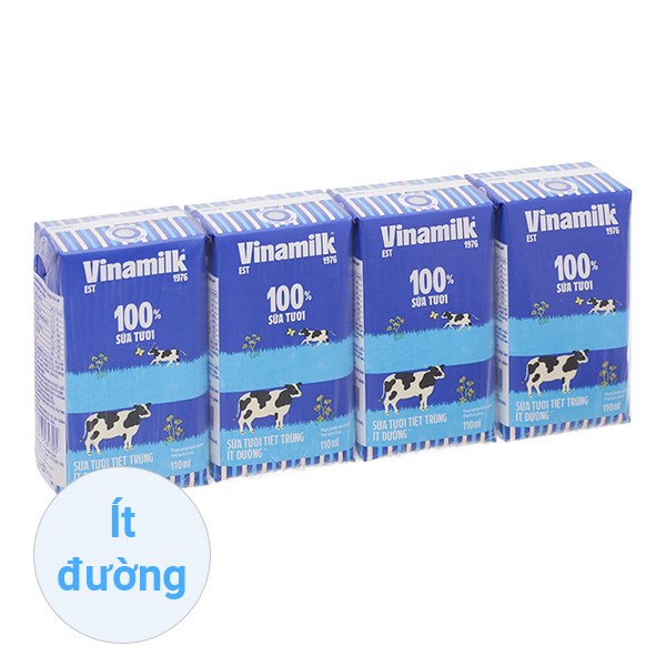 Lốc 4 hộp sữa tươi tiệt trùng Vinamilk ít đường 110 ml (từ 1 tuổi)